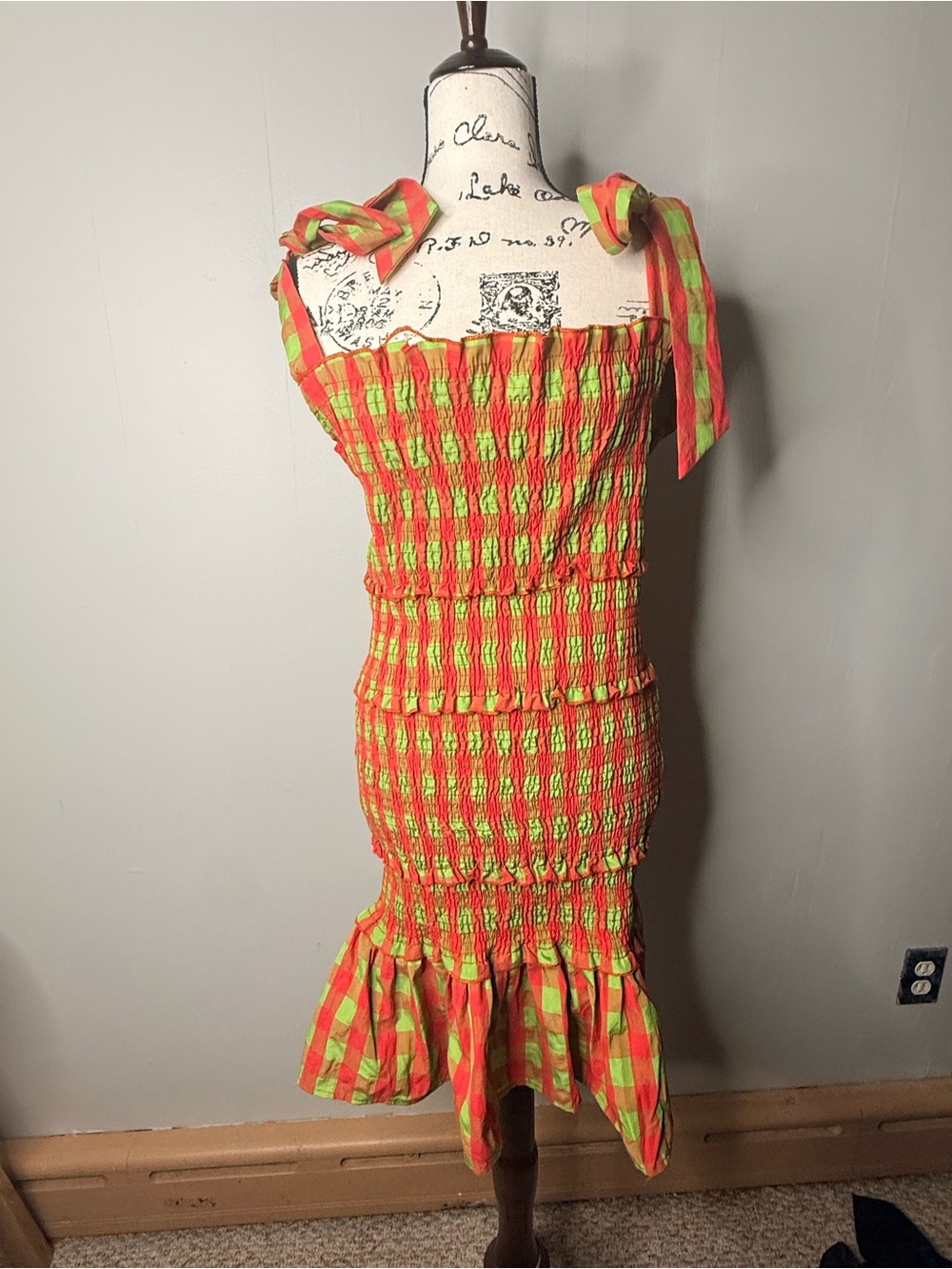 Smocked Tie-Shoulder Midi Dress in Bright Orange & Lime